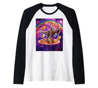 Space Cat Lover Riding Dinosaur T Rex Unicorn Pizza Taco Maglia con Maniche Raglan