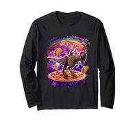Space Cat Riding Dinosaur T Rex Unicorn on Pizza And Taco Maglia a Manica