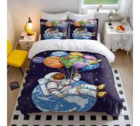 Space Explorer, Set di biancheria da letto, motivo: astronauta e pianeta e palloncini, in morbida microfibra, per bambini, ragazzi e ragazze, con stampa galassia (stile 2, matrimoniale, 200 x 200 cm