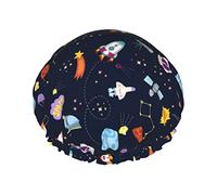 Space Planet Sun Star Rocket Ship Flight Line Cuffie da a per donna Riutilizzabili Fodera in PEVA impermeabile Cuffia per capelli per a Doppia protezioneElastico