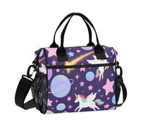Space Planet Unicorns Star Viola verticale Lunch Bag con tracolla con cerniera riutilizzabile Lunch Tote per il viaggio Bolsa para lonchera de Mujer