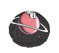 Space Shower Cap Baby Astronaut on Saturn Planet Star Light Universe Cuffie da bagno grandi per donna Uomo Ragazza Capelli lunghi Cappelli riutilizzabili impermeabili Nero Bianco Rosso