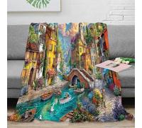 SPACESK Village Canal Scene Con Stampa Coperta Di Flanella Microfibra Morbido Durevole E Caldo 3D Peluche Coperte Per Letto Divano Da Viaggio 60x80inch(150x200cm)