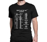 SpaceX Starship Blueprint T Shirt Men 100% Cotton Fun T-Shirts O Neck Tees Short Sleeve Clothing Black T-Shirt Black S