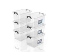 SpaceXpert Scatole Portaoggetti 15L, Contenitori in Plastica con Coperchio, a Righe, Trasparente, Impilabile, Antipolvere, per Casa, Ufficio, Armadio, in Polipropilene, 15L, Set di 6
