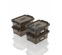 SpaceXpert Scatole Portaoggetti 15L, Contenitori in Plastica con Coperchio e Maniglia, Trasparente Marrone, Impilabile, Facile da Trasportare, per Casa, Ufficio e Garage, 15L, Set di 4