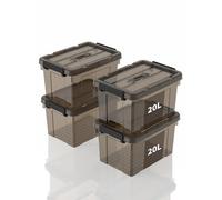 SpaceXpert Scatole Portaoggetti 20L, Contenitori in Plastica con Coperchio e Maniglia, Trasparente Marrone, Impilabile, Facile da Trasportare, per Casa, Ufficio e Garage, 20L, Set di 4