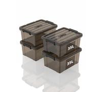 SpaceXpert Scatole Portaoggetti 35L, Contenitori in Plastica con Coperchio e Maniglia, Trasparente Marrone, Impilabile, Facile da Trasportare, per Casa, Ufficio e Garage, 35L, Set di 4