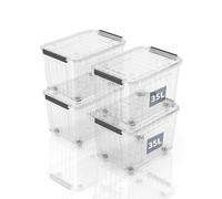SpaceXpert Scatole Portaoggetti, Casse di stoccaggio 35L, Contenitori in Plastica con Coperchio e Ruote, a Righe, Trasparente, Impilabile, Antipolvere, per Casa, Ufficio e Garage, 35L, Set di 4