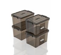 SpaceXpert Scatole Portaoggetti, Casse di stoccaggio 45L, Contenitori in Plastica con Coperchio e Maniglia, Trasparente Marrone, Impilabile, Facile da Trasportare, per Casa e Garage, 45L, Set di 4