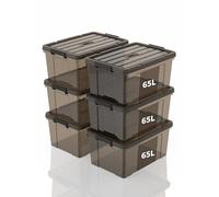 SpaceXpert Scatole Portaoggetti, Casse di stoccaggio 65L, Contenitori in Plastica con Coperchio e Maniglia, Trasparente Marrone, Impilabile, Facile da Trasportare, per Casa e Garage, 65L, Set di 6