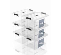 SpaceXpert Scatole Portaoggetti, Casse di stoccaggio 65L, Contenitori in Plastica con Coperchio e Maniglia, Trasparente, Impilabile, Facile da Trasportare, per Casa, Ufficio e Garage, 65L, Set di 6