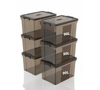SpaceXpert Scatole Portaoggetti, Casse di stoccaggio 90L, Contenitori in Plastica con Coperchio e Maniglia, Trasparente Marrone, Impilabile, Facile da Trasportare, per Casa e Garage, 90L, Set di 6