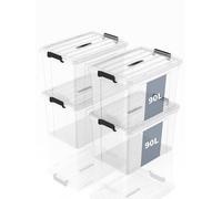 SpaceXpert Scatole Portaoggetti, Casse di stoccaggio 90L, Contenitori in Plastica con Coperchio e Maniglia, Trasparente, Impilabile, Facile da Trasportare, per Casa, Ufficio e Garage, 90L, Set di 4