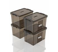 SpaceXpert Scatole Portaoggetti, Casse di stoccaggio 90L, Contenitori in Plastica con Coperchio e Maniglia, Trasparente Marrone, Impilabile, Facile da Trasportare, per Casa e Garage, 90L, Set di 4