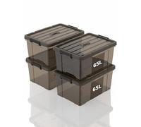 SpaceXpert Scatole portaoggetti, scatole di plastica trasportabili con manico, impilabili per camera da letto, non rat, scuola, trasparente, nero, 65 l (set da 4)