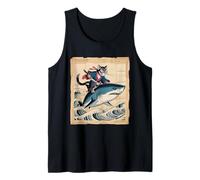 Spada d'Arte in Stile Giapponese con Gatto Ninja Che cavalca Uno squalo Canotta