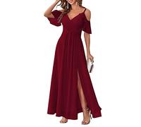 Spaghetti Strap Increspature Maniche Abiti Da Damigella D'onore Chiffon Slitta Laterale Abito Da Sera Formale, Borgogna, 48