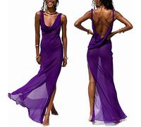Spaghetti Strap Maxi Abiti per Le Donne Ritaglio Aderente Abito Lungo Senza Maniche Backless Slim Fit Split Maxi Abito, Vedere attraverso+viola, L