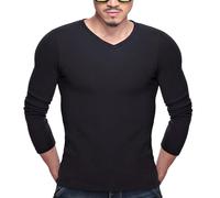 Spaghetti Tops Elegant Winter Men Plus Fleece Warm Top Solid Color V Neck Long Sleeve Base Shirt Canottiera Uomo Pois, Nero , L