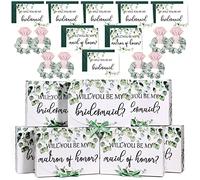 Spakon 32 Pieces Bridesmaid Proposal Box Set Proposal Box Will You Be My Bridesmaid Cards with Envelopes Satin Scrunchie Bridesmaid Gift Box for Bridal Shower Wedding Bachelor Party (Greenery Style)