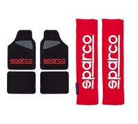 Sparco Set Completo tappetini universali Auto Moquette Nero/Rosso Poliestere & SPC1204RD Protezioni per Cintura di Sicurezza, Rosso, Set di 2