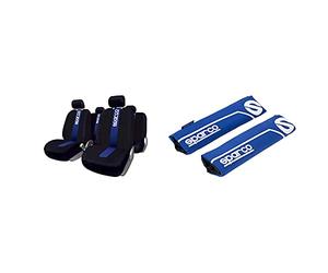 Sparco SPC1011 Set di Coprisedili Auto, Classic, Nero/Blu, Set di 9 & Spc SPC1200 Cuscino Modello Linea S, Blu/Bianco, Set di 2