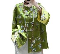 Sparctwer Giacca Stile Cinese da Donna - Elegante Top in Raso Verde Con Ricamo Fiore e Pittura di Uccelli, Hanfu Sciolta, XXL