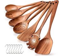 Spardar Cucchiai in legno di teak per cucinare, set di 7 utensili da cucina con 7 ganci, spatola, scolapasta, forchetta da insalata, cucchiaio da insalata, cucchiaio per mescolare, cucchiaio rotondo