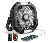 Spardar Ventilador Portatil, Ventilador USB de 10000 mAh con Luz, Gancho y Pulsera de Paracord, 4 Velocidades de Viento, 3 Temporizadores para Camping, Viajes, Playa, Familia (Nero)