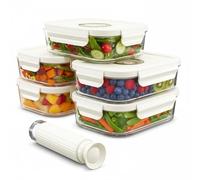 SPARES2GO Contenitori in vetro per alimenti sottovuoto con coperchi a clip di sicurezza (confezione da 5, medi, 1040 ml) + pompa sigillante manuale