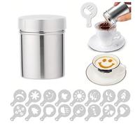 Spargitore per cacao per cappuccino, spargicacao in acciaio inox, con 16 stencil per cappuccino, spargicacao per cioccolata calda, pane, zucchero a velo