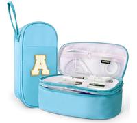 SparkleJoy Astuccio con lettere, 2 scomparti, a doppio piano, grande capacità, adatto per ragazze e adolescenti, per scuola e ufficio, Blu, A