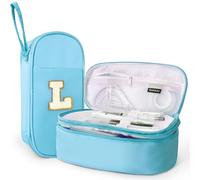SparkleJoy Astuccio con lettere, 2 scomparti, a doppio piano, grande capacità, adatto per ragazze e adolescenti, per scuola e ufficio, Blu, L