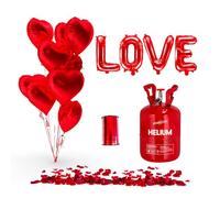 SPARKLERS CLUB MY VALENTINE RED HEART - Palloncini a forma di cuore rosso (x10) + bottiglia di Helium + 100 petali di rosa rossa + palloncino LOVE + nastro in amante, ideale per San Valentino