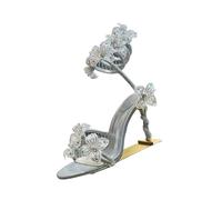 Sparkling Rhinestone Flower Thin High Heel Sandals Women's Gladiator Ankle Straps Fairy Sandalias Summer Banquet Dress Shoes(White,37)