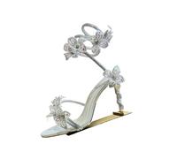 Sparkling Rhinestone Flower Thin High Heel Sandals Women's Gladiator Ankle Straps Fairy Sandalias Summer Banquet Dress Shoes(Red,41)