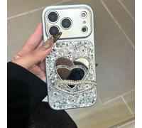Sparkling Sequins Women's Phone Case with Heart Mirror & Stand for iPhone 17/16/15/14 Pro Max, Electroplated Shimmer Diamond Heart Makeup Mirror Phone Case (Silver,15)
