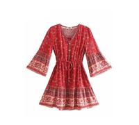 SparklWLeaf Vestito a Stampa Floreale Miniabiti da Donna Vintage Chic con Stampa Floreale Hippie e Scollo a V(Red,M)