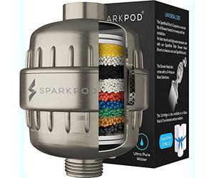 SparkPod High Output Shower Filter Capsule - Suitable for People with Sensitive and Dry Skin and Scalp, Filters Chlorine and Impurities | 1-min install (Brushed Nickel, New Formula)