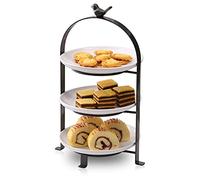 SparkWorks Alzata per torta a 3 livelli, Piatto da portata per tea party, Alzata per dessert e cupcake, Alzata per portata in metallo con tre piatti premium in gres bianco