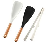 Spatule multifonctionnelle Cuillère de cuisine, pince de cuisine, 2 en 1 Cuillère en silicone mat Cuillère à salade avec manche en bois, résistante à la chaleur (Nero + Bianco)