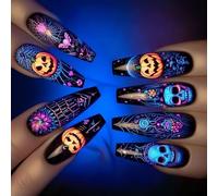 Spaventosa collezione Halloween Press On con 24 pezzi e disegni a pipistrello a forma di bara, durevole ABS manicure