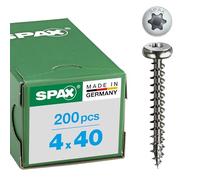SPAX, 0207000400403, Vite universale 4,0 x 40 mm, 200 pezzi, Panhead, T-Star Plus, 4Tagliare, interamente filettato, acciaio inox A2, 1,4567