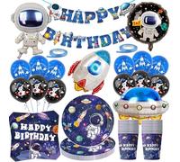Spazio Set di decorazioni per il compleanno,79pcs Spazio Stoviglie per feste Set di accessori per feste di astronauti,spazio Piatti di carta bicchieri tovaglioli striscione palloncino 20 ospiti