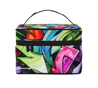 Spaziosa trousse per cosmetici con stampa di graffiti, astuccio da viaggio per trucchi e articoli da toeletta con manico, per donne o ragazze