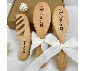 Spazzola E Pettine For Capelli In Legno Personalizzati For Neonati, Kit For La Cura Del Bambino Con Incisione Personalizzata Con Testo/nome, Regalo For Il Primo Compleanno Delle Bambine(C)