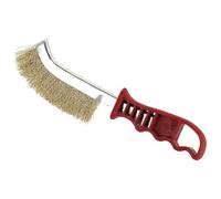 Spazzola in acciaio ottonato con manico in plastica, ideale per pulire e sbavare superfici metalliche o rimuovere la ruggine.