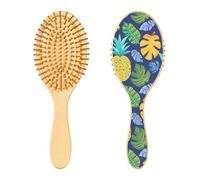Spazzola per capelli in legno, con foglie tropicali e ananas in stile cartone animato, per capelli lunghi, corti, ricci, spessi, sottili, per donne, uomini, ragazzi e ragazze