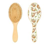 Spazzola per capelli in legno, graziosa spazzola per capelli con bradipo con foglie bianche, per capelli lunghi, corti, ricci, spessi, sottili, per donne, uomini, ragazzi e ragazze